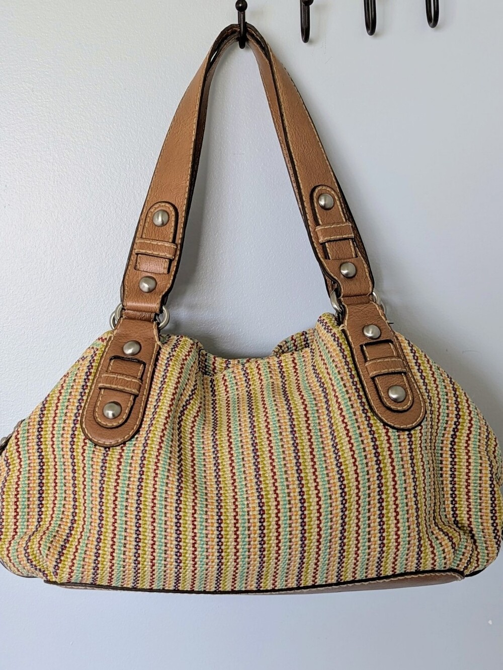 Woven Multi-Color Stripe Shoulder Bag with Tan Trim - Picture 4 of 8